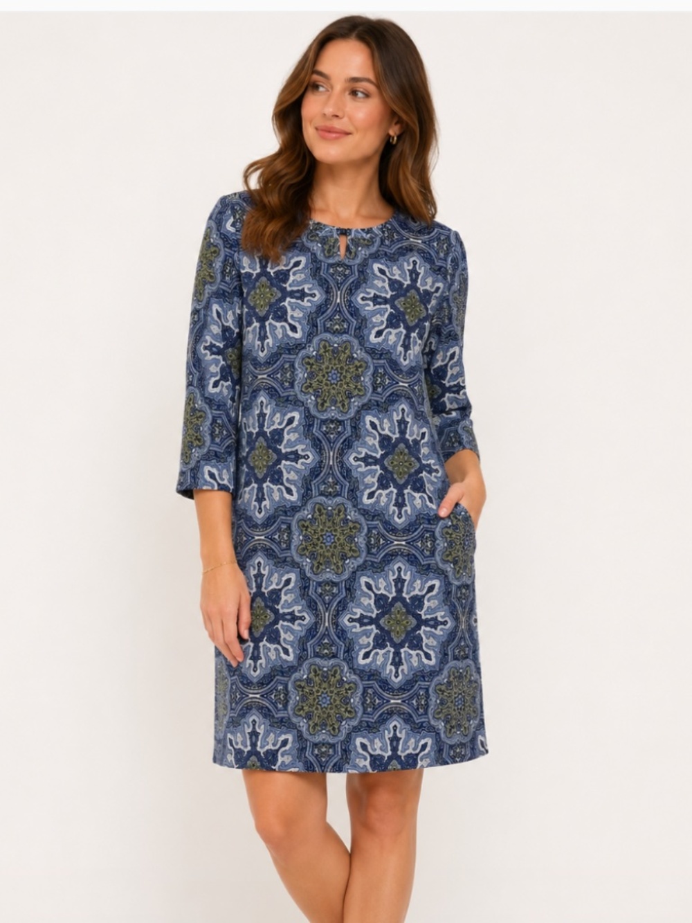 J. McLaughlin Blue Geometric Print 3/4 sleeve midi length shift Dress Small